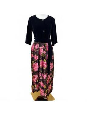 Dorsay Black Velvet Dress with Floral Accents